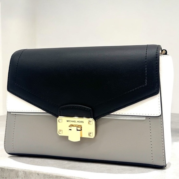 Michael Kors Kinsley Medium Shoulder Flap Crossbody Bag Optic White Multi
